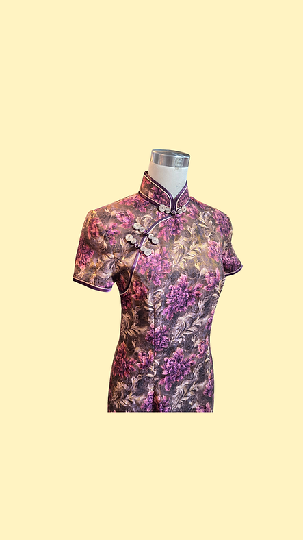 啡色牡丹花短旗袍 Brown short qipao with peony pattern NS-650