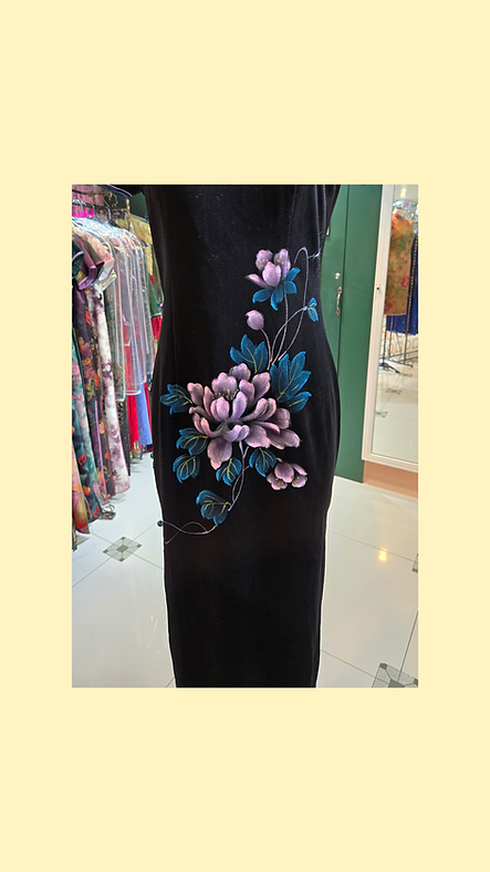 黑色仿絲絨手繪中長旗袍 Black faux velvet hand-painted mid-length cheongsam qipao NS-653