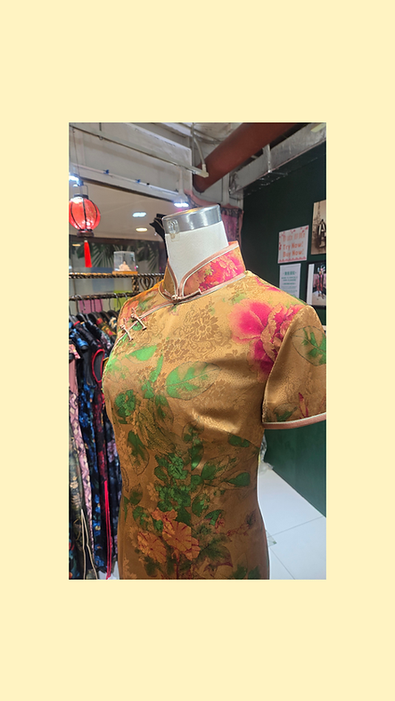 香檳金桃紅牡丹短旗袍 Champagne gold short qipao with fuchsia peonies P-033