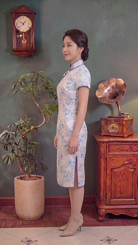 藍色小花短旗袍 Short blue floral qipao P-036