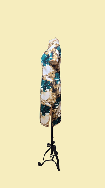 暖墨生花短旗袍 Green Floral Elegance short qipao P-016