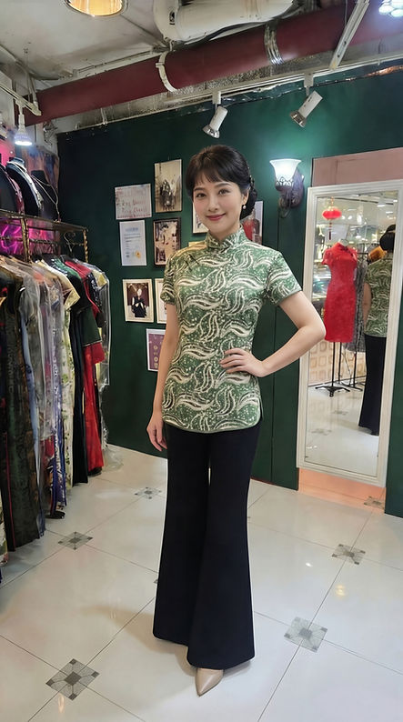 橄欖綠海浪上衣 Olive Green Ocean Wave Qipao Top P-022