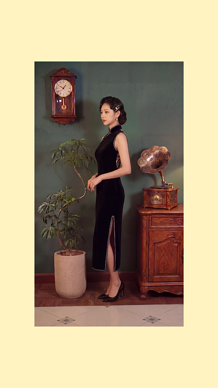 黑色仿絲絨蕾絲露肩長旗袍  Black velvet-textured lace maxi qipao EU-006
