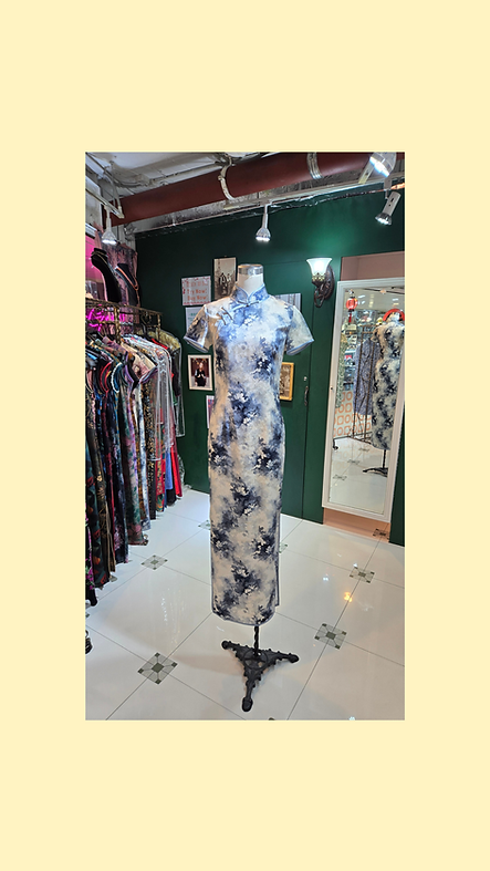 米黑色長旗袍 Beige and Black Floral Long Qipao P-037