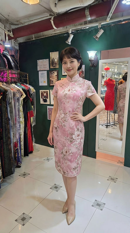 仿皮絨金絲牡丹短旗袍 (粉色) Faux Suede Golden trim Peony short qipao (Pink) P-013