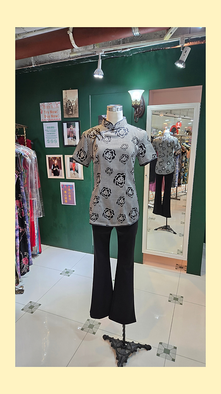 黑色千鳥紋玫瑰花上衣 Black Houndstooth Rose Qipao Style Top P-042