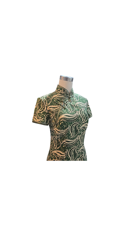 墨綠色條紋旗袍 Dark Green Stripes short qipao P-017