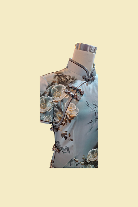 真絲牡丹花長旗袍 Peony pattern Silk cheongsam Qipao B-037