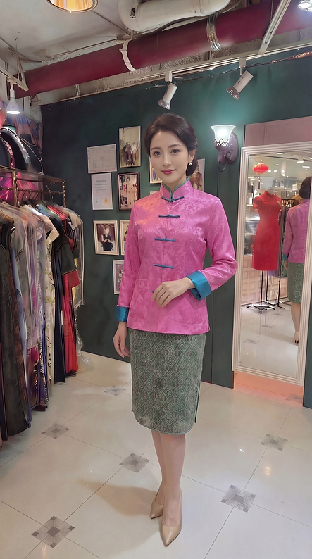 單面中性外套 (玫紅+綠色) Oriental pattern Jacket (Rose Red and Forest Green) NS-651
