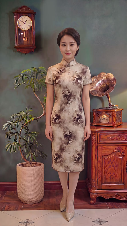 米啡色水墨畫短旗袍 Short beige-brown cheongsam with an ink painting pattern P-032