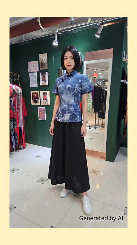 牛仔扎染上衣(深色) Dark Blue denim tie-dye Qipao Style Top NS-664