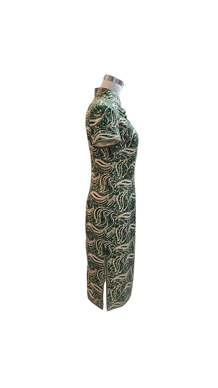 墨綠色條紋旗袍 Dark Green Stripes short qipao P-017