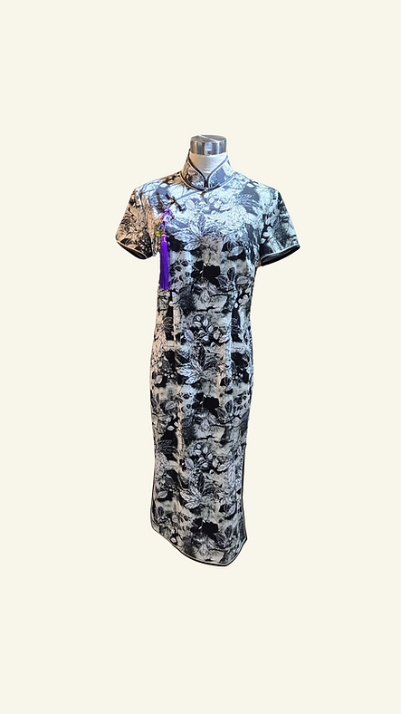 黑白葉影短旗袍 Short Black and White Leaf-Print qipao P-007