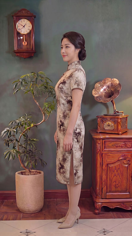 米啡色水墨畫短旗袍 Short beige-brown cheongsam with an ink painting pattern P-032