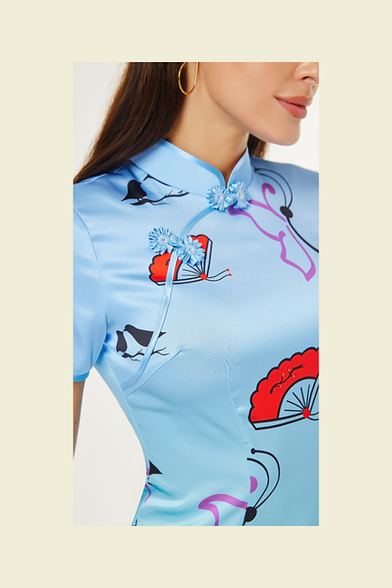 漸變藍色圖案短旗袍 Gradient blue pattern short cheongsam Qipao B-010