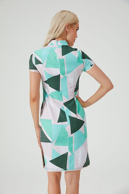 綠白色幾何圖案旗袍 Green and white geometric pattern cheongsam Qipao V015
