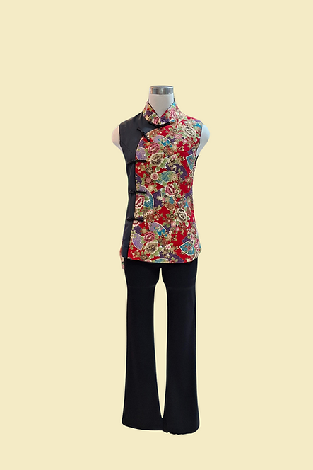 紅牡丹拼布背心 Peony Patchwork Vest in Red L-010