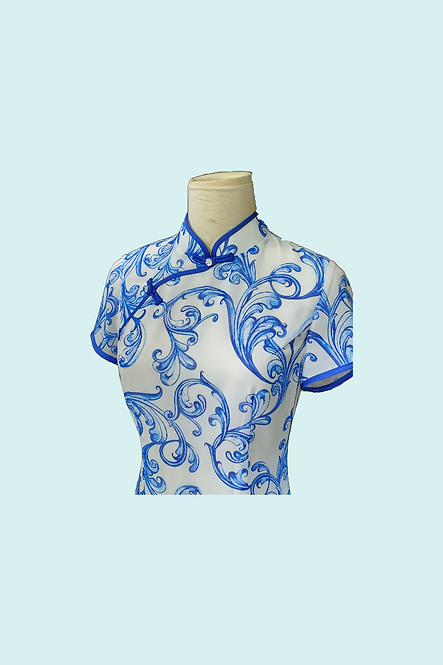 青花瓷短旗袍 White and Blue Porcelain Qipao V022