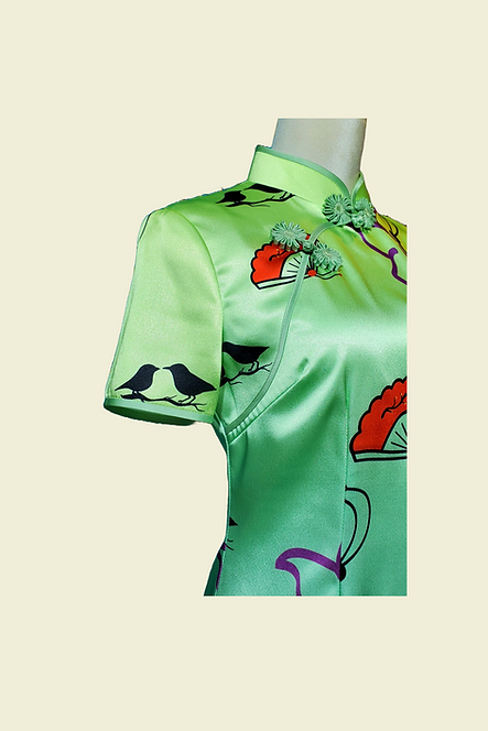 漸變綠色圖案短旗袍 Gradient green pattern short cheongsam Qipao B-012