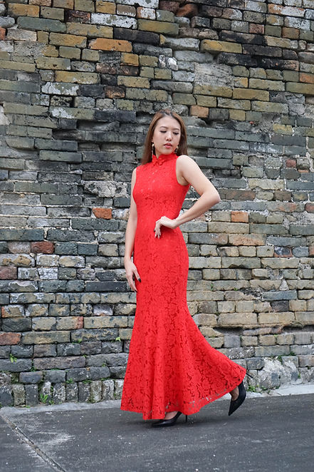 紅色蕾絲魚尾旗袍 Red Lace Long Qipao V003