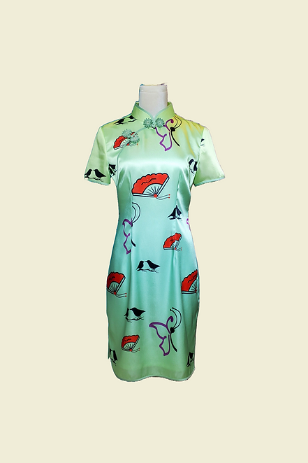 漸變綠色圖案短旗袍 Gradient green pattern short cheongsam Qipao B-012