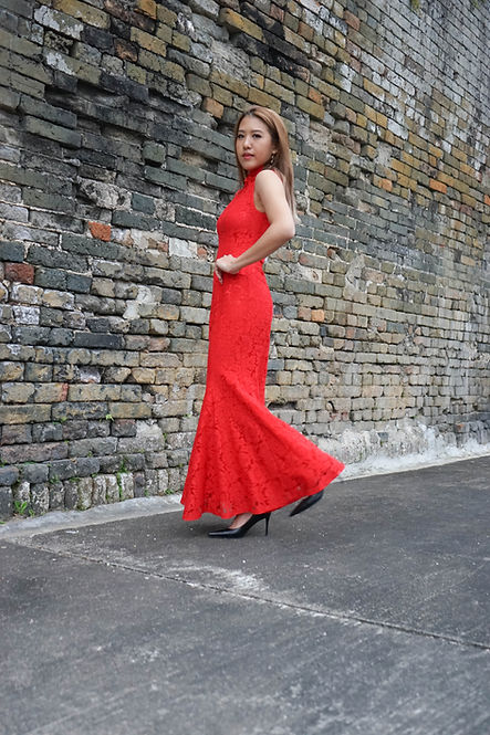 紅色蕾絲魚尾旗袍 Red Lace Long Qipao V003