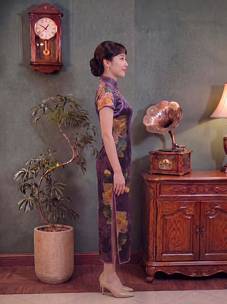 紫色花長旗袍 Purple Floral Long Qipao P-035