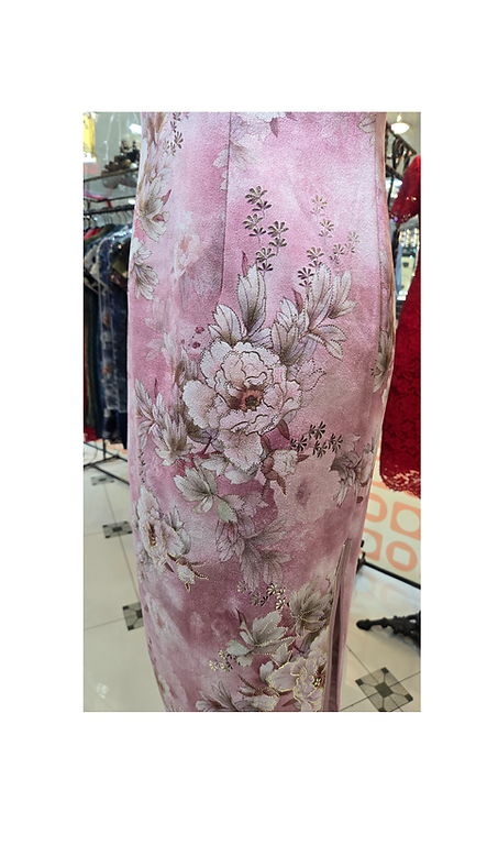 仿皮絨金絲牡丹短旗袍 (粉色) Faux Suede Golden trim Peony short qipao (Pink) P-013