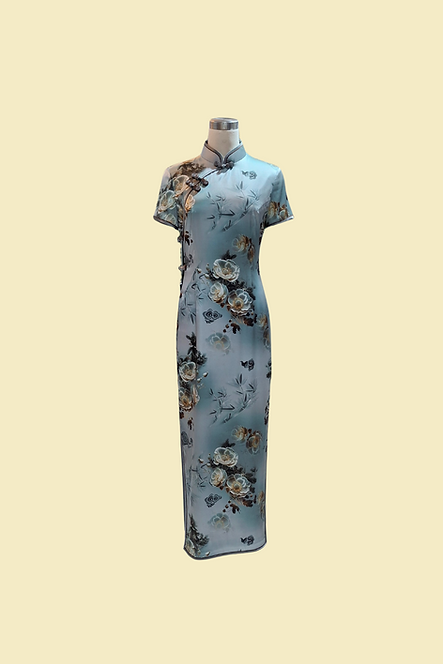 真絲牡丹花長旗袍 Peony pattern Silk cheongsam Qipao B-037