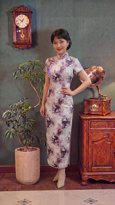 米色淺紫色水墨畫長旗袍 Long beige qipao P-034