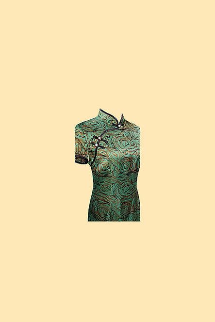啡綠玫瑰短旗袍 Green and Brown Rose Qipao V046