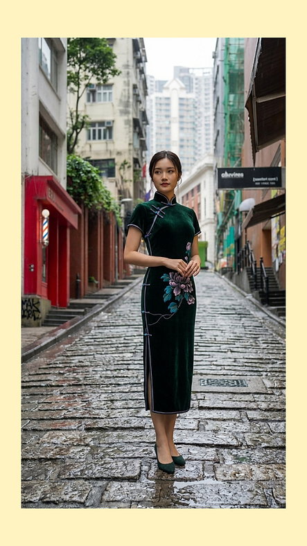 墨綠色仿絲絨手繪中長旗袍 Dark green faux velvet hand-painted midi qipao NS-652