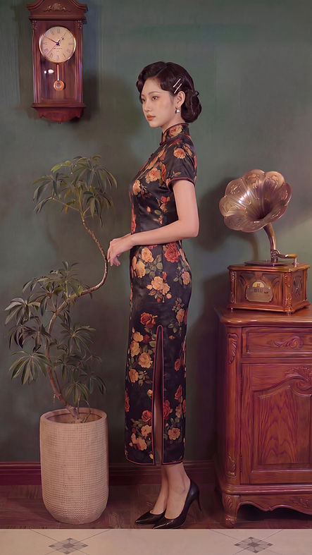 黑底玫瑰長旗袍 Long black qipao with red rose pattern P-030A