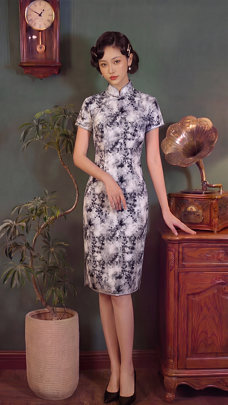 黑色小花短旗袍 Short black floral qipao P-031