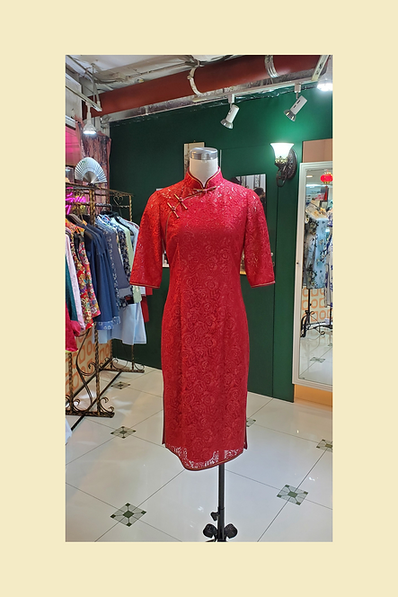 紅色蕾絲中袖短旗袍 Red Lace cheongsam qipao EU-002