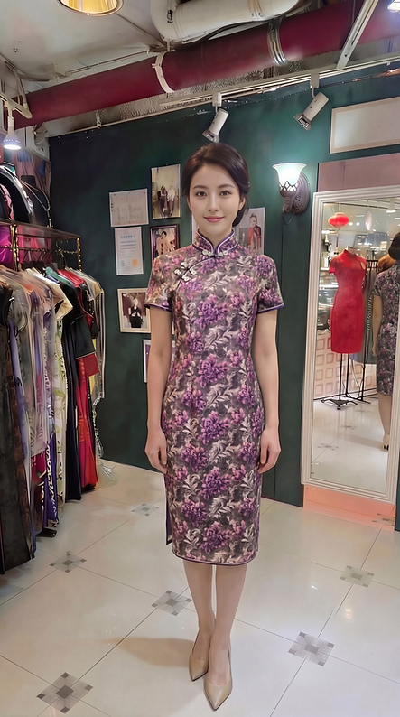 啡色牡丹花短旗袍 Brown short qipao with peony pattern NS-650