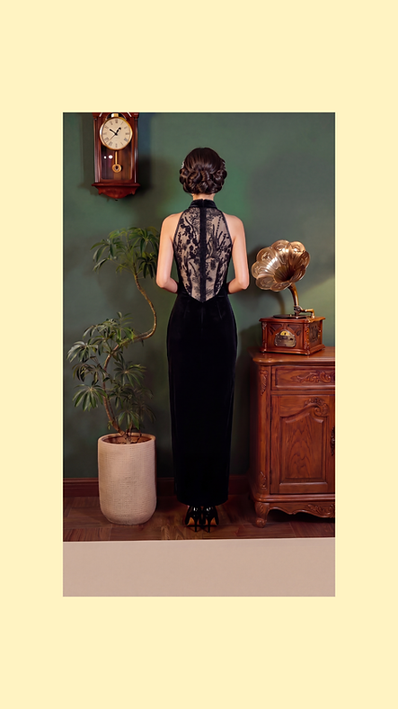 黑色仿絲絨蕾絲露肩長旗袍  Black velvet-textured lace maxi qipao EU-006