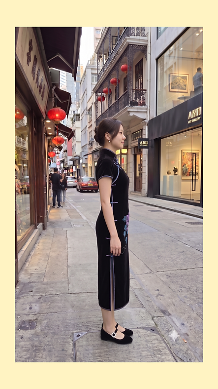 黑色仿絲絨手繪中長旗袍 Black faux velvet hand-painted mid-length cheongsam qipao NS-653