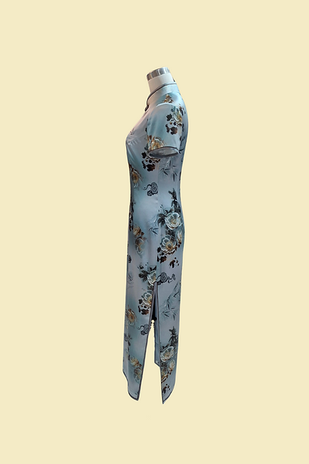 真絲牡丹花長旗袍 Peony pattern Silk cheongsam Qipao B-037