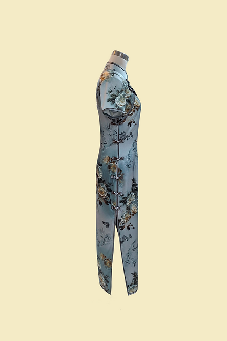 真絲牡丹花長旗袍 Peony pattern Silk cheongsam Qipao B-037