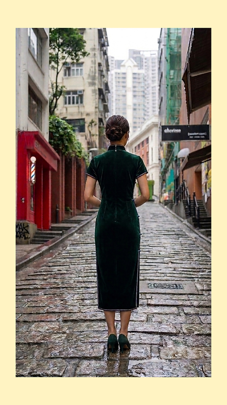 墨綠色仿絲絨手繪中長旗袍 Dark green faux velvet hand-painted midi qipao NS-652