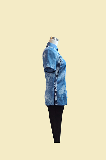 淺藍色扎染拚布上衣 Light blue tie-dye patchwork Qipao Top B-035