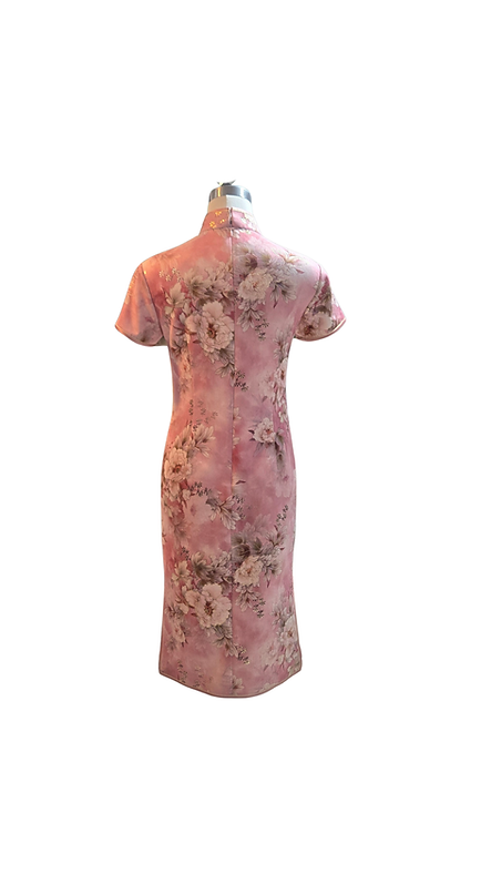 仿皮絨金絲牡丹短旗袍 (粉色) Faux Suede Golden trim Peony short qipao (Pink) P-013