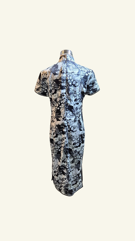 黑白葉影短旗袍 Short Black and White Leaf-Print qipao P-007