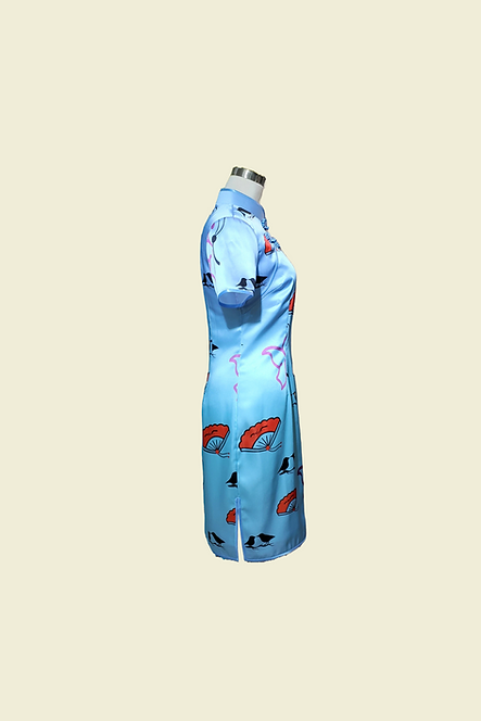 漸變藍色圖案短旗袍 Gradient blue pattern short cheongsam Qipao B-010