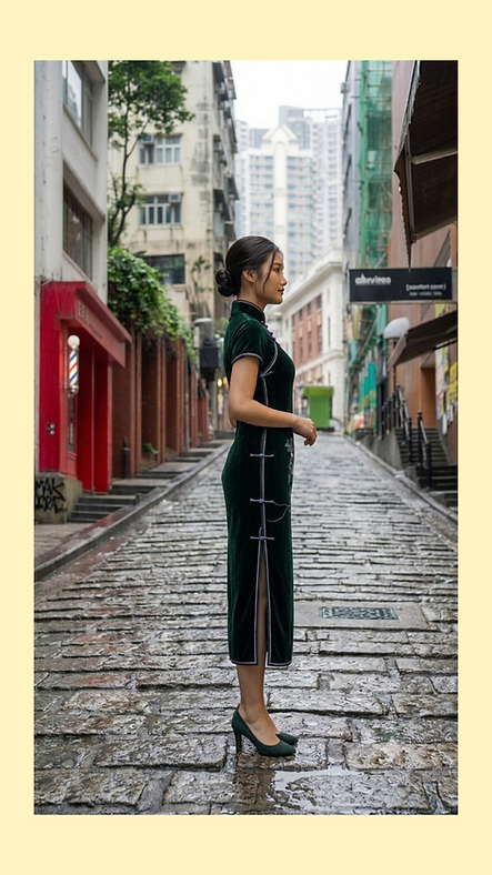 墨綠色仿絲絨手繪中長旗袍 Dark green faux velvet hand-painted midi qipao NS-652