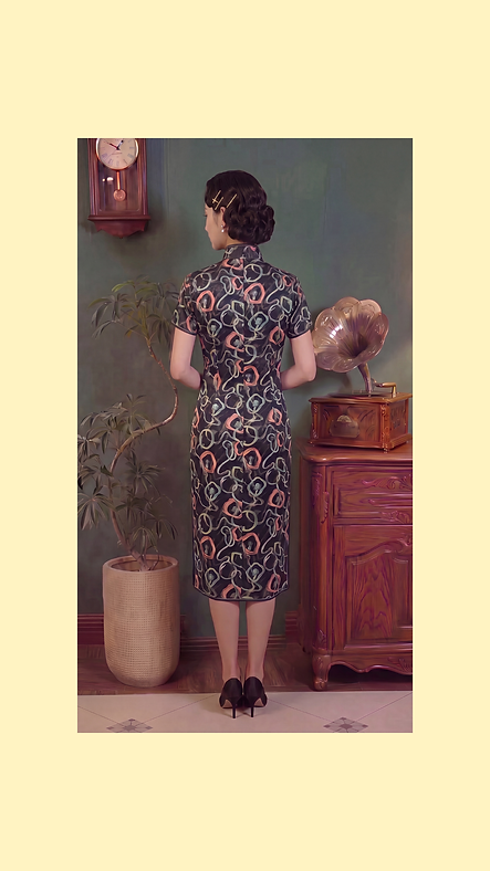 黑底彩色線條短旗袍 Short black qipao with colorful stripes P-038