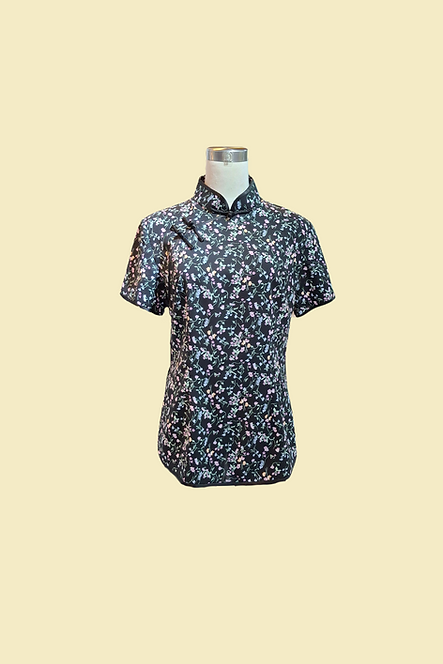黑色碎花旗袍款上衣 Black floral blossom Qipao Top B-024