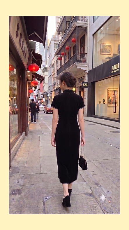 黑色仿絲絨手繪中長旗袍 Black faux velvet hand-painted mid-length cheongsam qipao NS-653