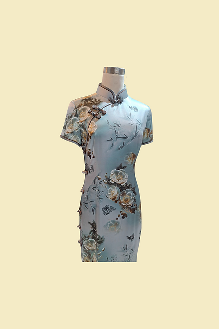 真絲牡丹花長旗袍 Peony pattern Silk cheongsam Qipao B-037